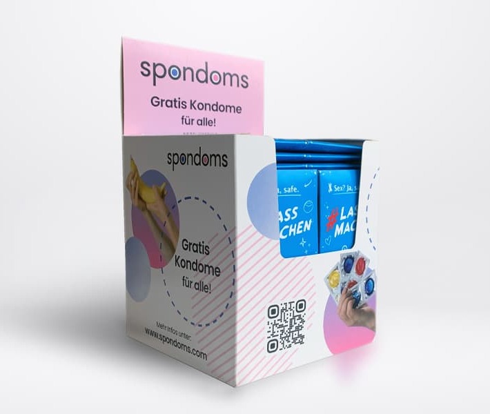 Beispiel Bild eines kostenfreien Kondomspenders von Spondoms – hier zusammen mit der Krankenkasse IKK classic